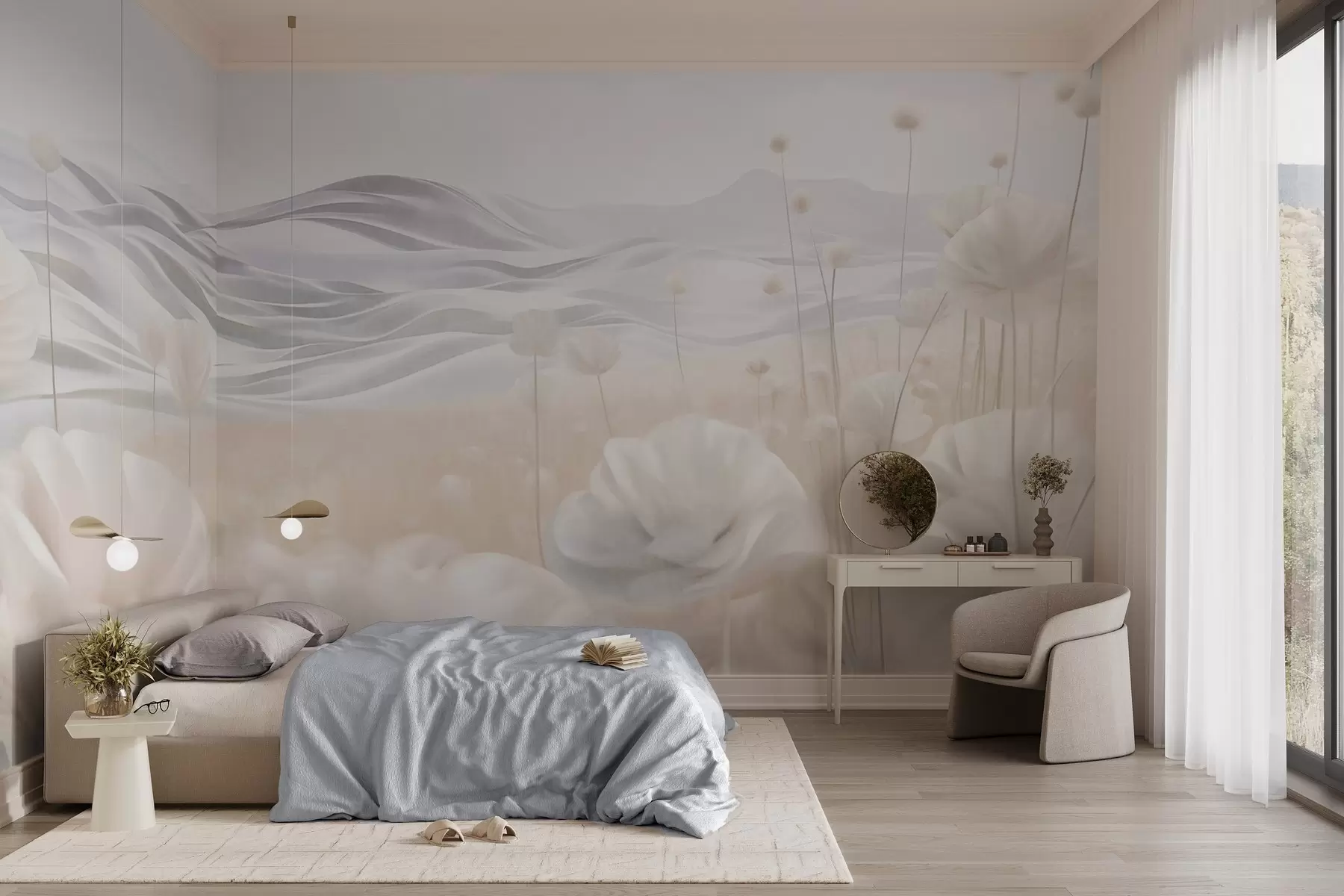 Fotobehang Getextureerd veld met crèmekleurige klaprozen en glooiende heuvels onder een lichtblauwe lucht met zachte wolken, pastelkleuren w09553