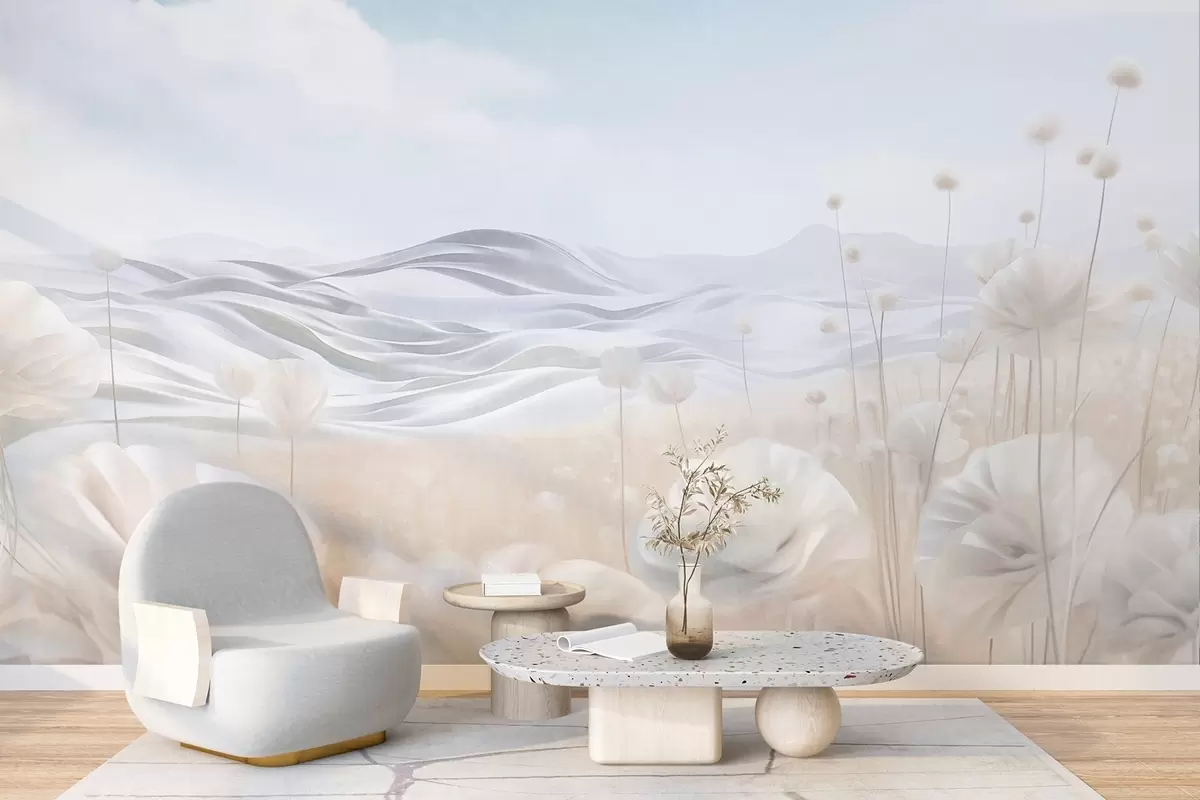 Papier peint photo Champ texturé de coquelicots crémeux avec des collines ondulantes sous un ciel bleu pâle parsemé de nuages cotonneux, couleurs pastel w09553