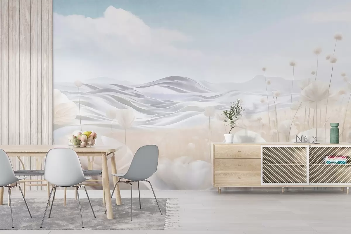 Papier peint photo Champ texturé de coquelicots crémeux avec des collines ondulantes sous un ciel bleu pâle parsemé de nuages cotonneux, couleurs pastel w09553