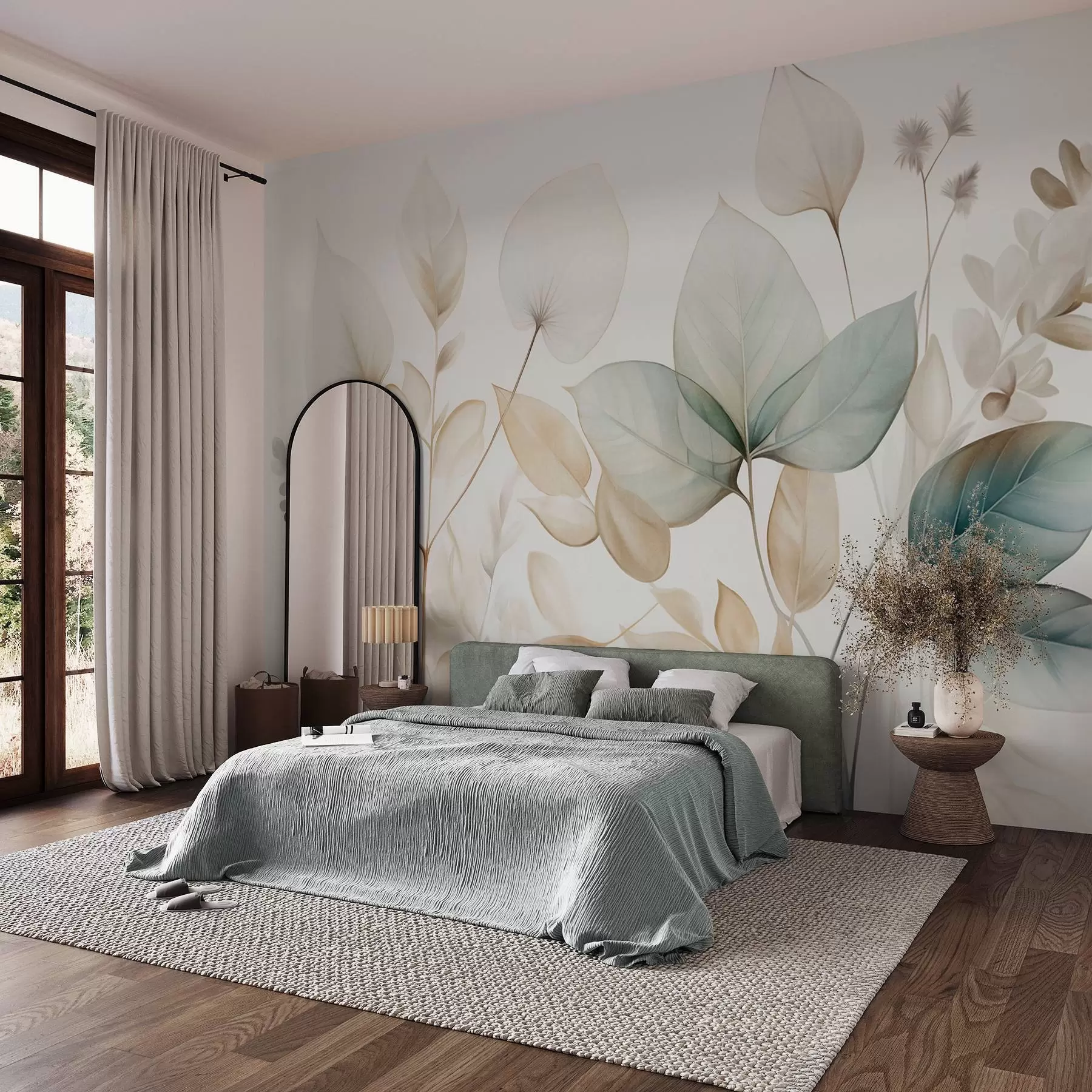 Fotobehang Getextureerde, doorschijnende bladeren in gedempte tinten beige en blauwgroen, met delicate stengels tegen een zachte, lichte achtergrond w09583