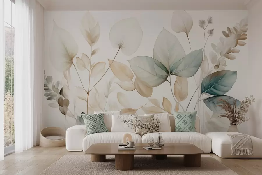 Fotobehang Getextureerde, doorschijnende bladeren in gedempte tinten beige en blauwgroen, met delicate stengels tegen een zachte, lichte achtergrond w09583