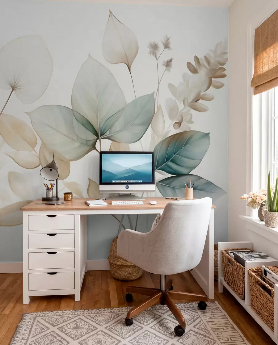 Fotobehang Getextureerde, doorschijnende bladeren in gedempte tinten beige en blauwgroen, met delicate stengels tegen een zachte, lichte achtergrond w09583