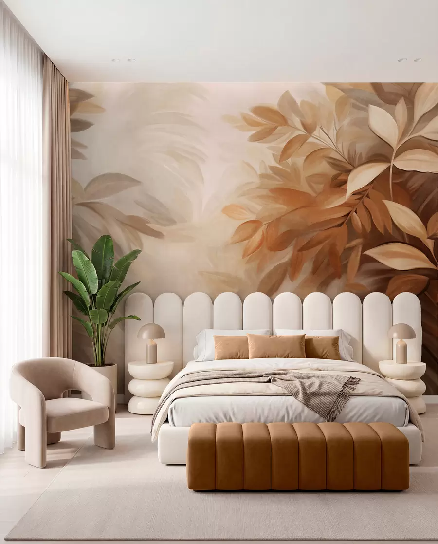 Papier peint photo Feuilles brunes et beiges avec un feuillage doux et flou, dans un style pictural avec des coups de pinceau visibles w09584