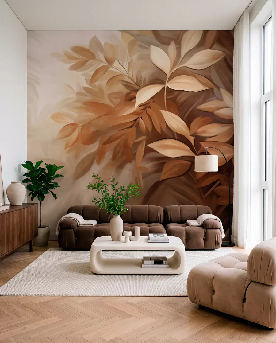 Fotobehang Bruine en beige bladeren met zacht, wazig gestructureerd gebladerte, in een schilderachtige stijl met zichtbare penseelstreken w09584