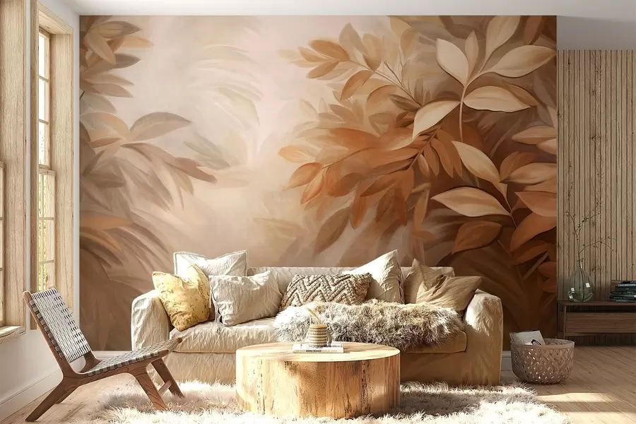 Papier peint photo Feuilles brunes et beiges avec un feuillage doux et flou, dans un style pictural avec des coups de pinceau visibles w09584