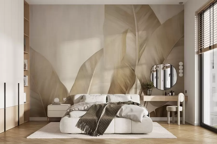 Fotobehang Getextureerde grote, lichtbruine bananenbladeren tegen een lichtbeige achtergrond, met een zachte en minimalistische esthetiek w09586