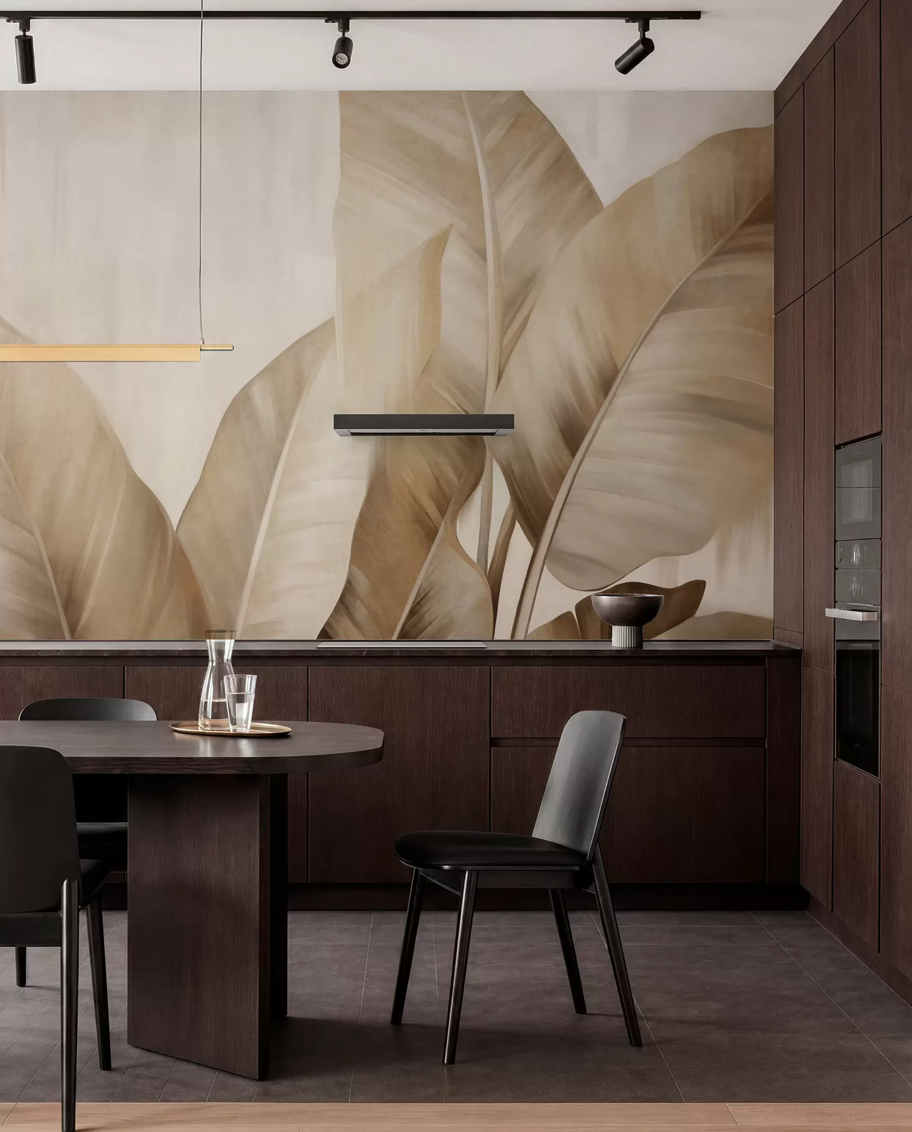 Papier peint photo Grandes feuilles de bananier texturées, de couleur brun clair, sur fond beige clair, avec une esthétique douce et minimaliste w09586