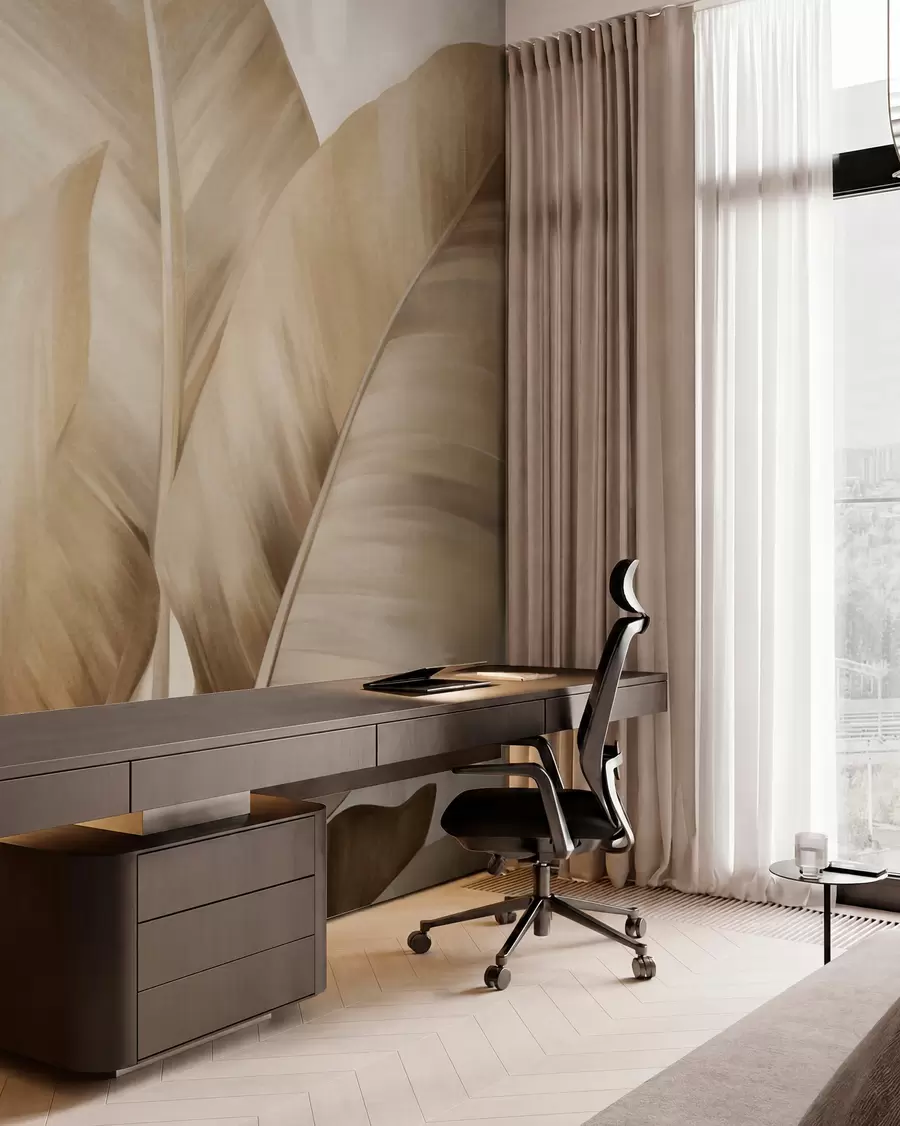 Fotobehang Getextureerde grote, lichtbruine bananenbladeren tegen een lichtbeige achtergrond, met een zachte en minimalistische esthetiek w09586