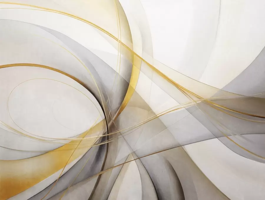 Papier peint photo Lignes abstraites fluides en jaune et blanc sur fond gris, avec une impression de mouvement et de profondeur, art moderne w09587
