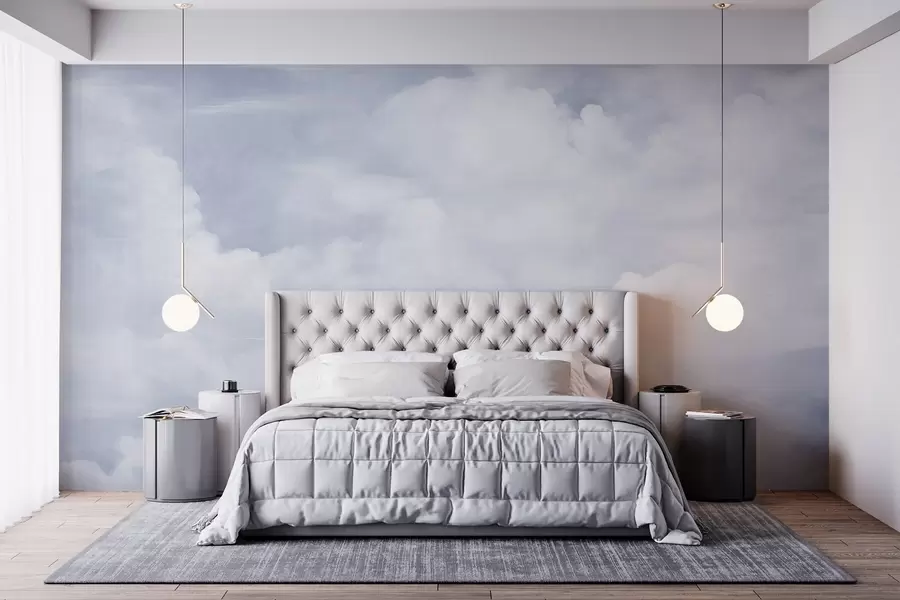 Fotobehang Pastelkleurige lucht met witte wolken en een zachte, minimalistische esthetiek w09589