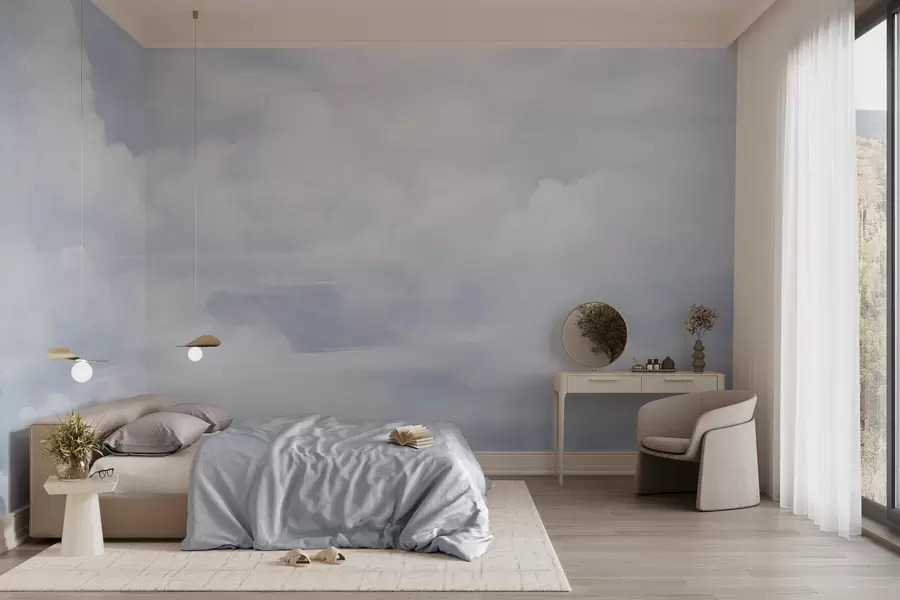 Papier peint photo Ciel pastel texturé rempli de nuages blancs, à l'esthétique douce et minimaliste w09589