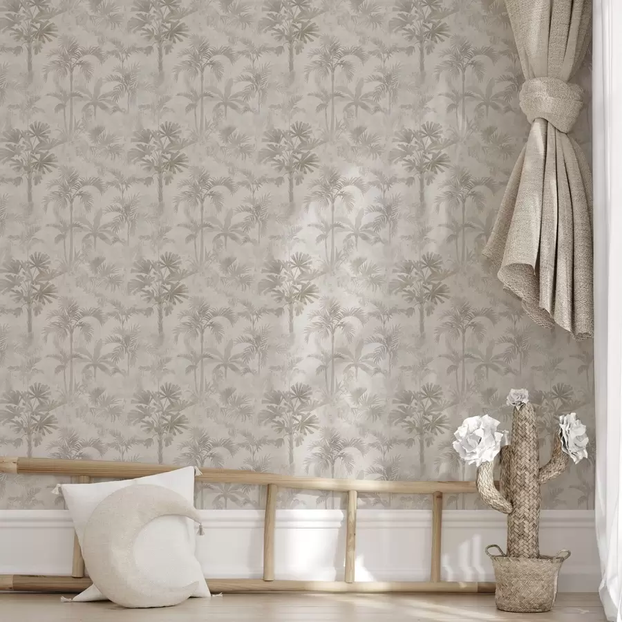 Papier peint photo Palmeraie brumeuse dans des tons beiges chauds a00881