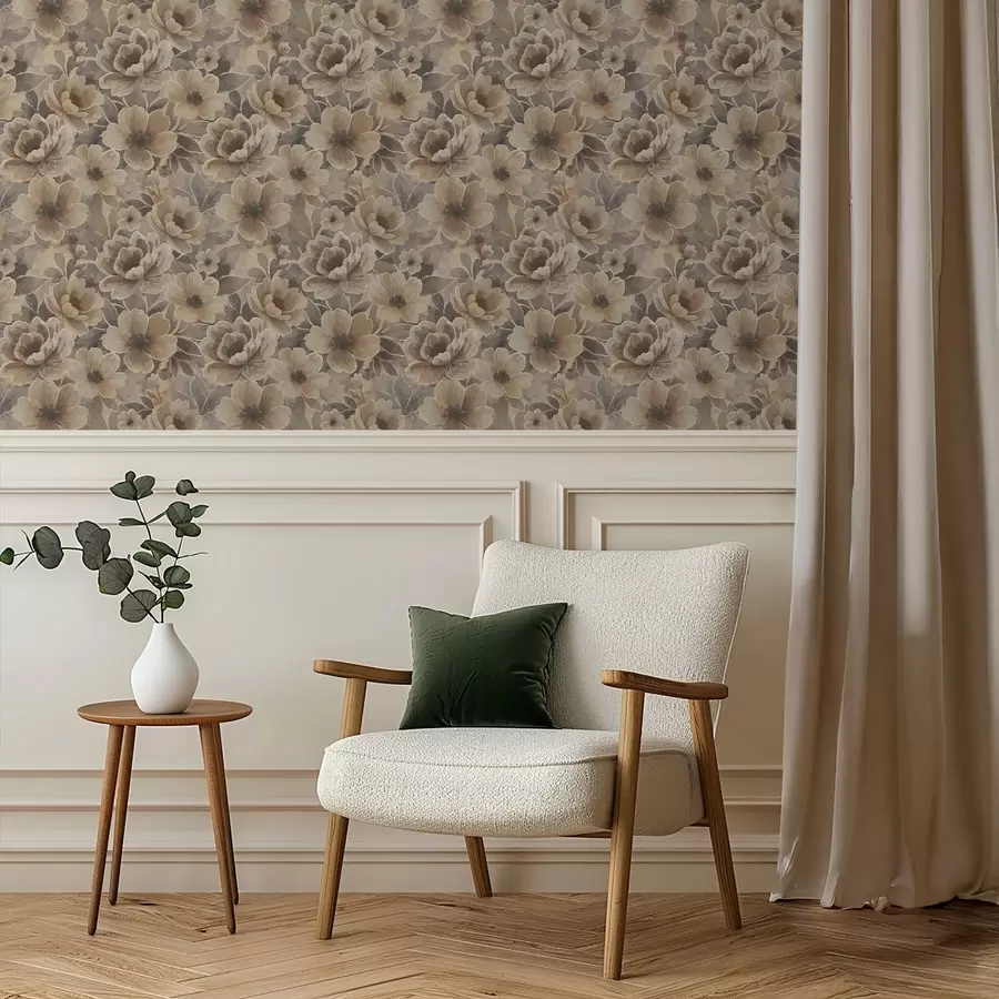 Papier peint photo Fleurs beiges picturales sur fond abstrait fumé a00884