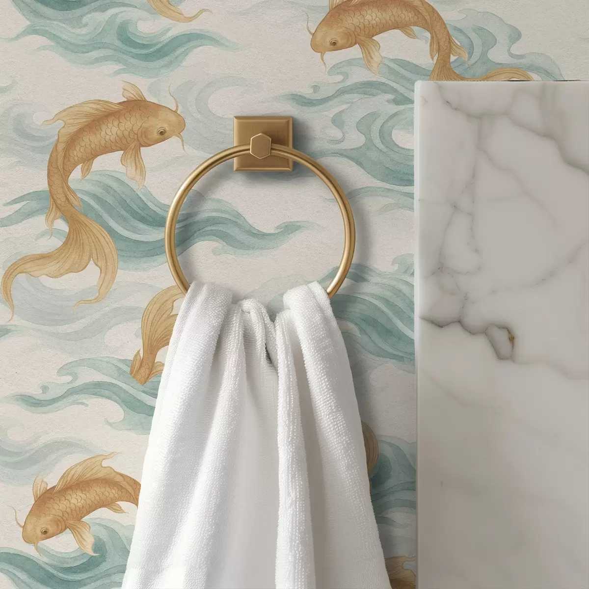 Papier peint Poisson koi ambré nageant parmi les douces vagues turquoise a00894