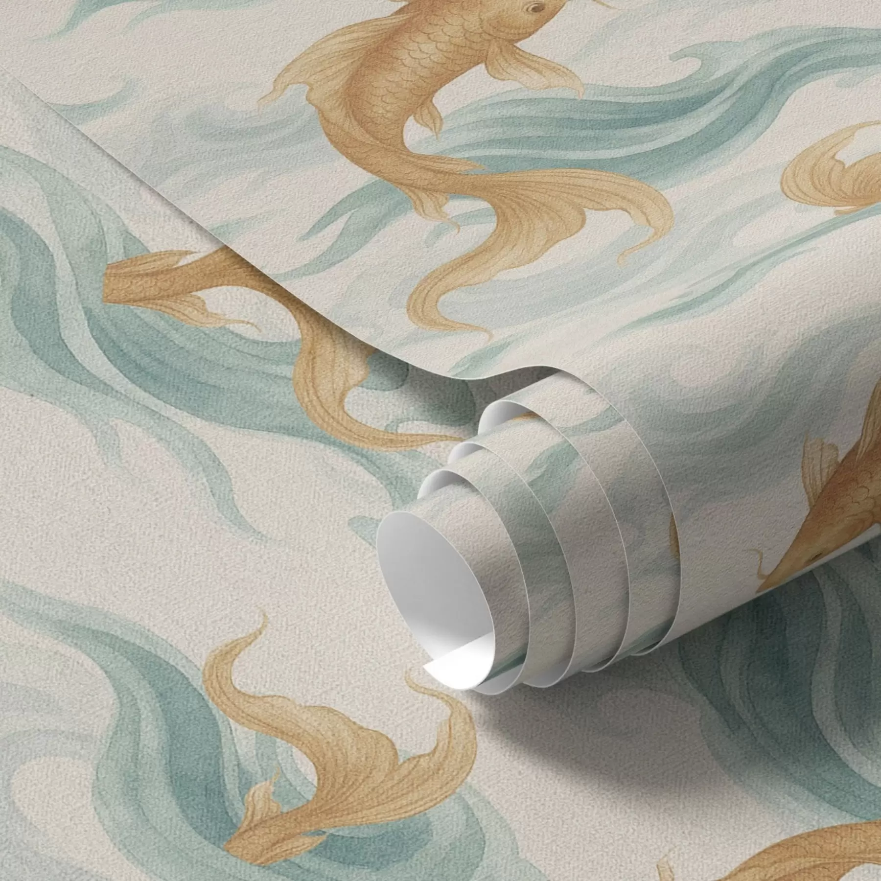 Papier peint photo Poisson koi ambré nageant parmi les douces vagues turquoise a00894