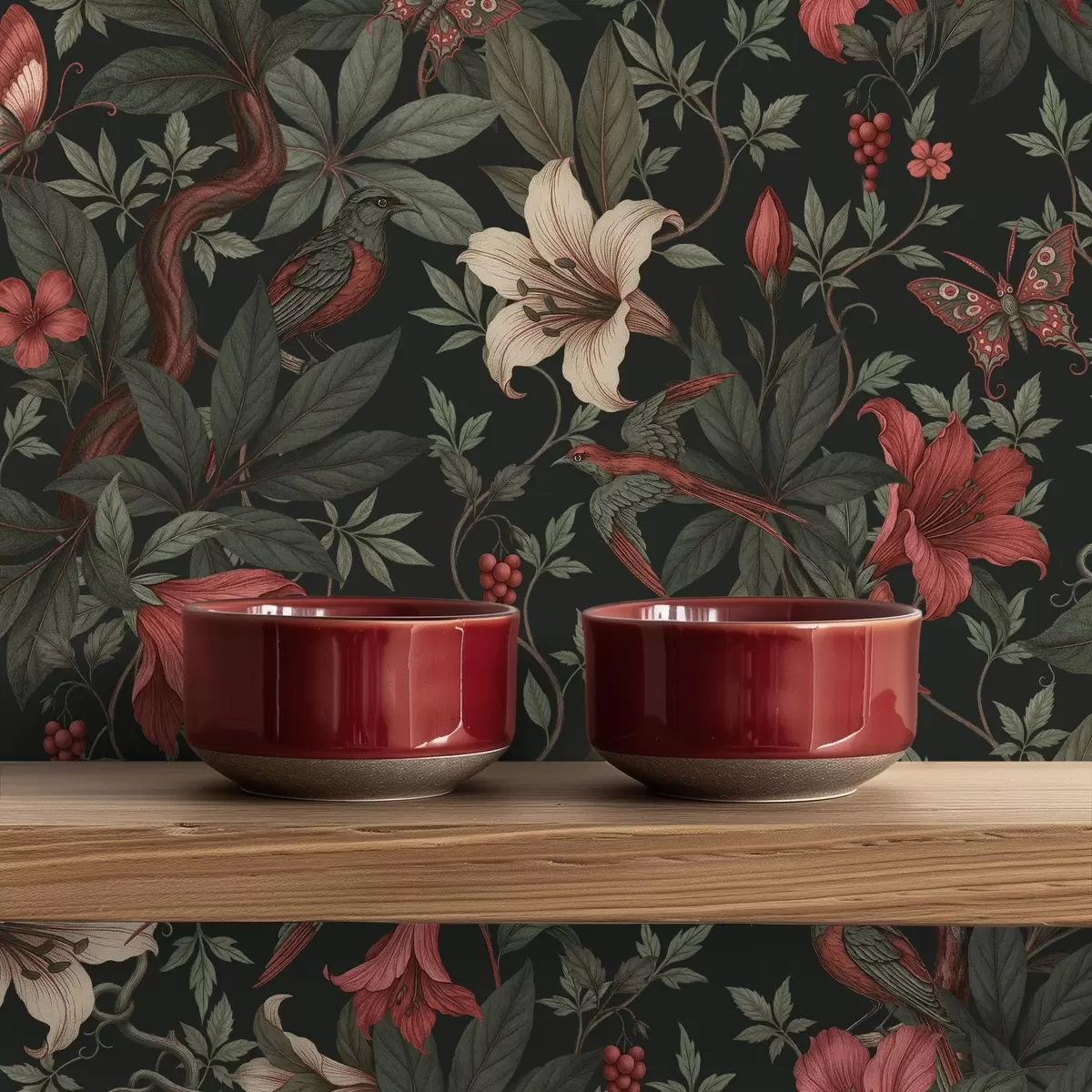 Papier peint Motifs floraux sombres de la jungle avec des oiseaux et des papillons a00895