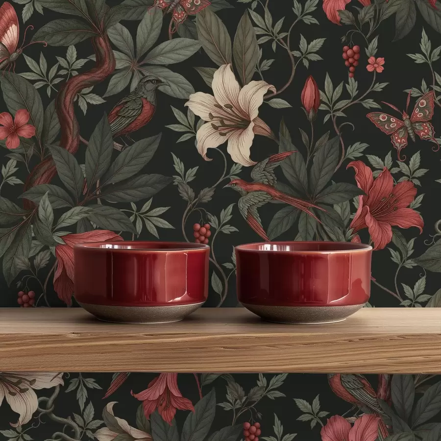 Fotobehang Donkere jungle bloemen met vogels en vlinders a00895