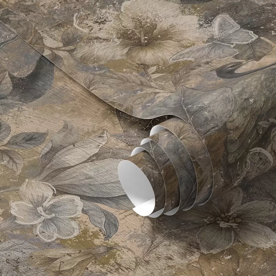 Papier peint photo Collage floral vieilli avec des paons et des papillons a00897