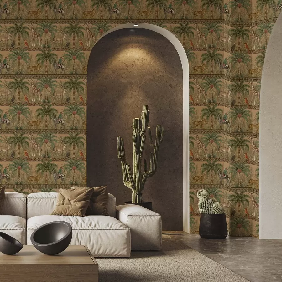 Papier peint photo Animaux décoratifs de la savane entre palmiers et bordures a00898