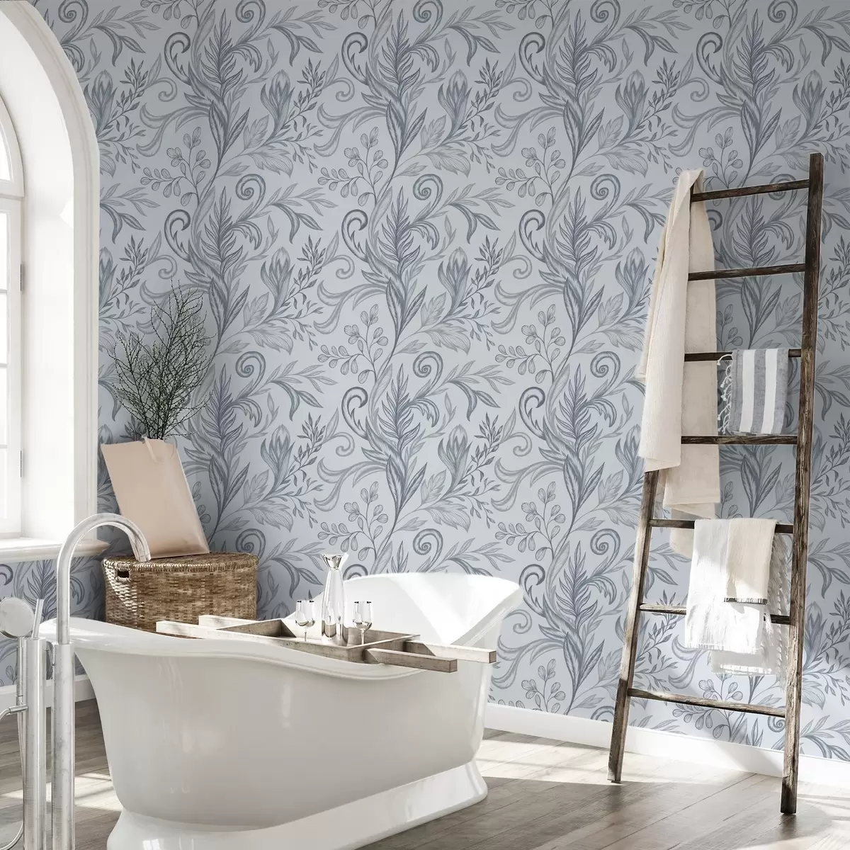 Papier peint Feuilles légères bleu glacé recourbées avec texture crayonnée a00935v1