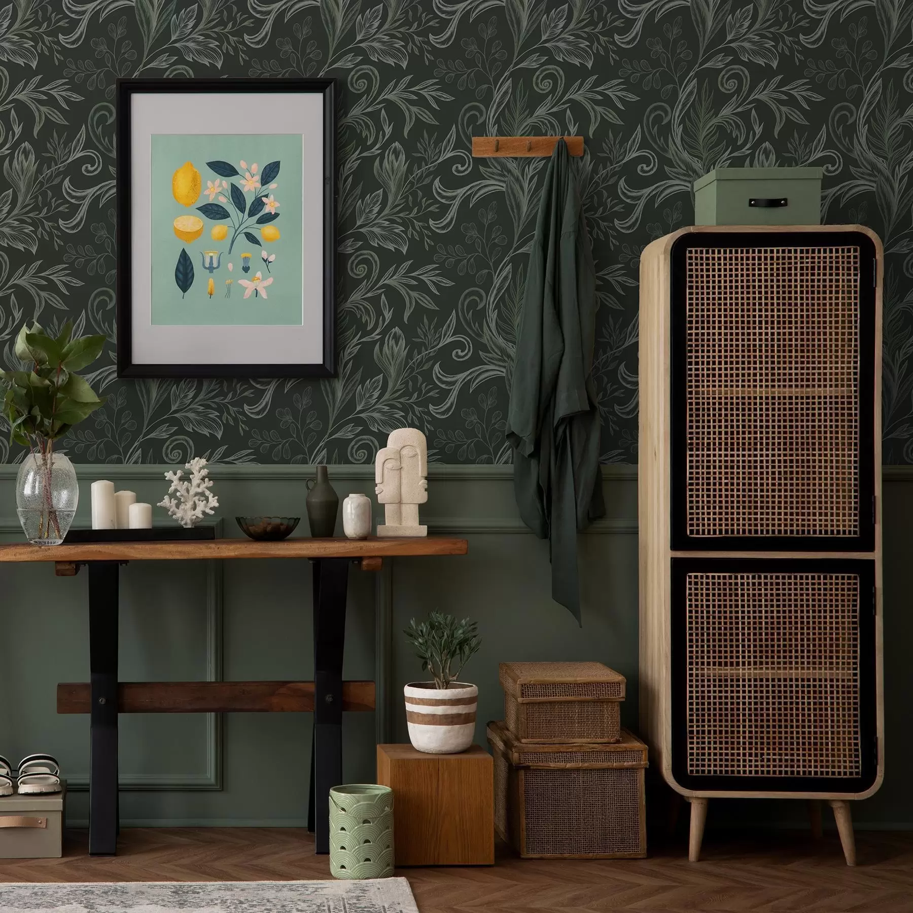 Fotobehang Diep bos gekrulde bladeren in krijtachtige groene tinten a00935v2