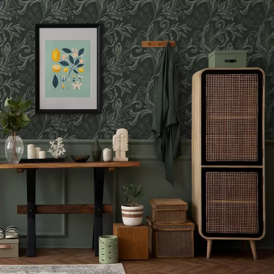 Papier peint photo Feuilles recourbées de la forêt profonde dans des tons verts crayeux a00935v2