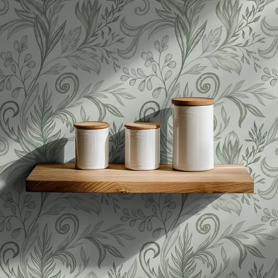 Fotobehang Zachte munt met gekrulde blaadjes in delicate grijsgroene lijnen a00935v3