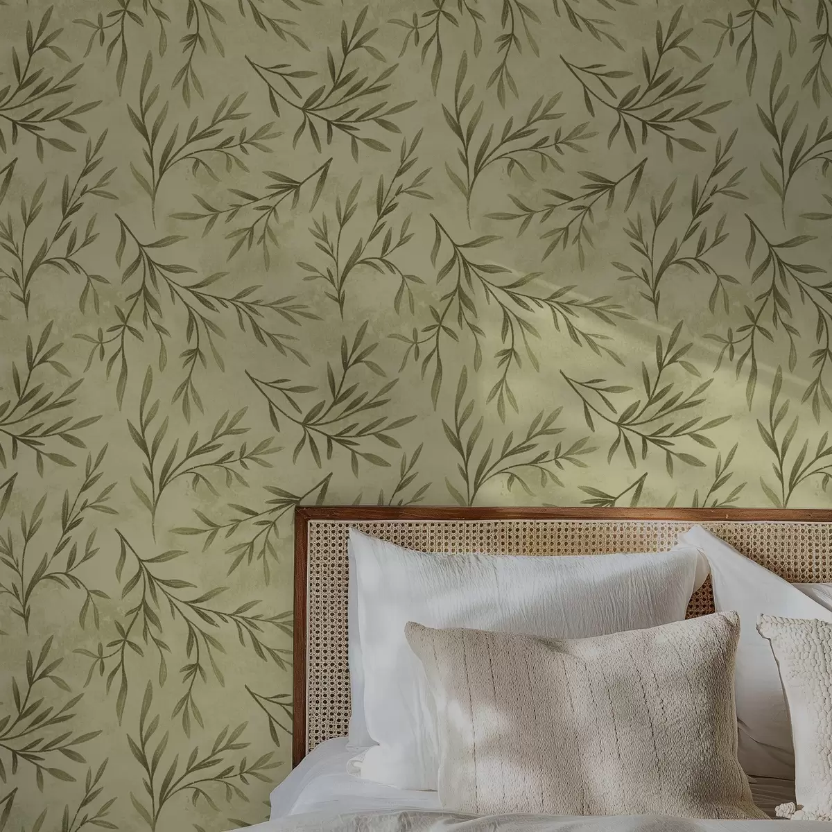 Papier peint Brins d'olivier sur fond texturé jaune-vert discret a00936