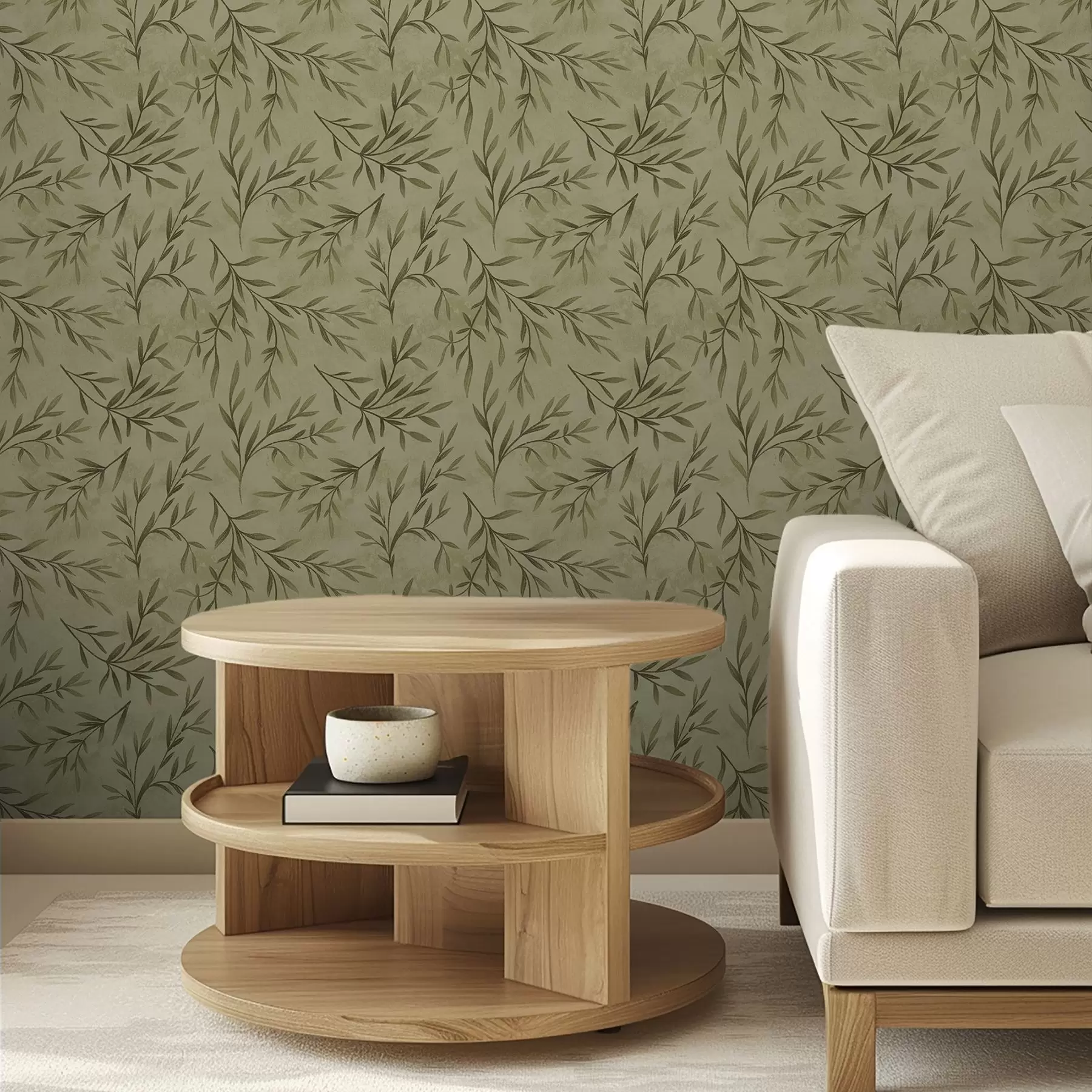 Papier peint photo Brins d'olivier sur fond texturé jaune-vert discret a00936