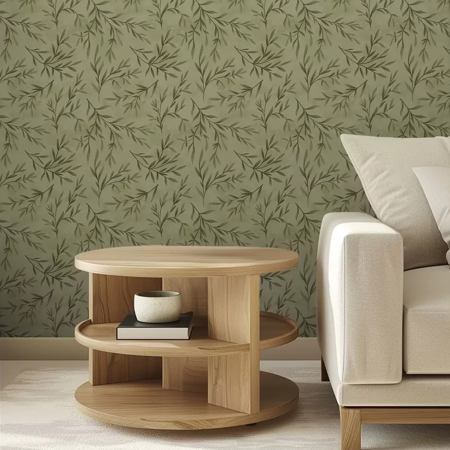 Papier peint photo Brins d'olivier sur fond texturé jaune-vert discret a00936