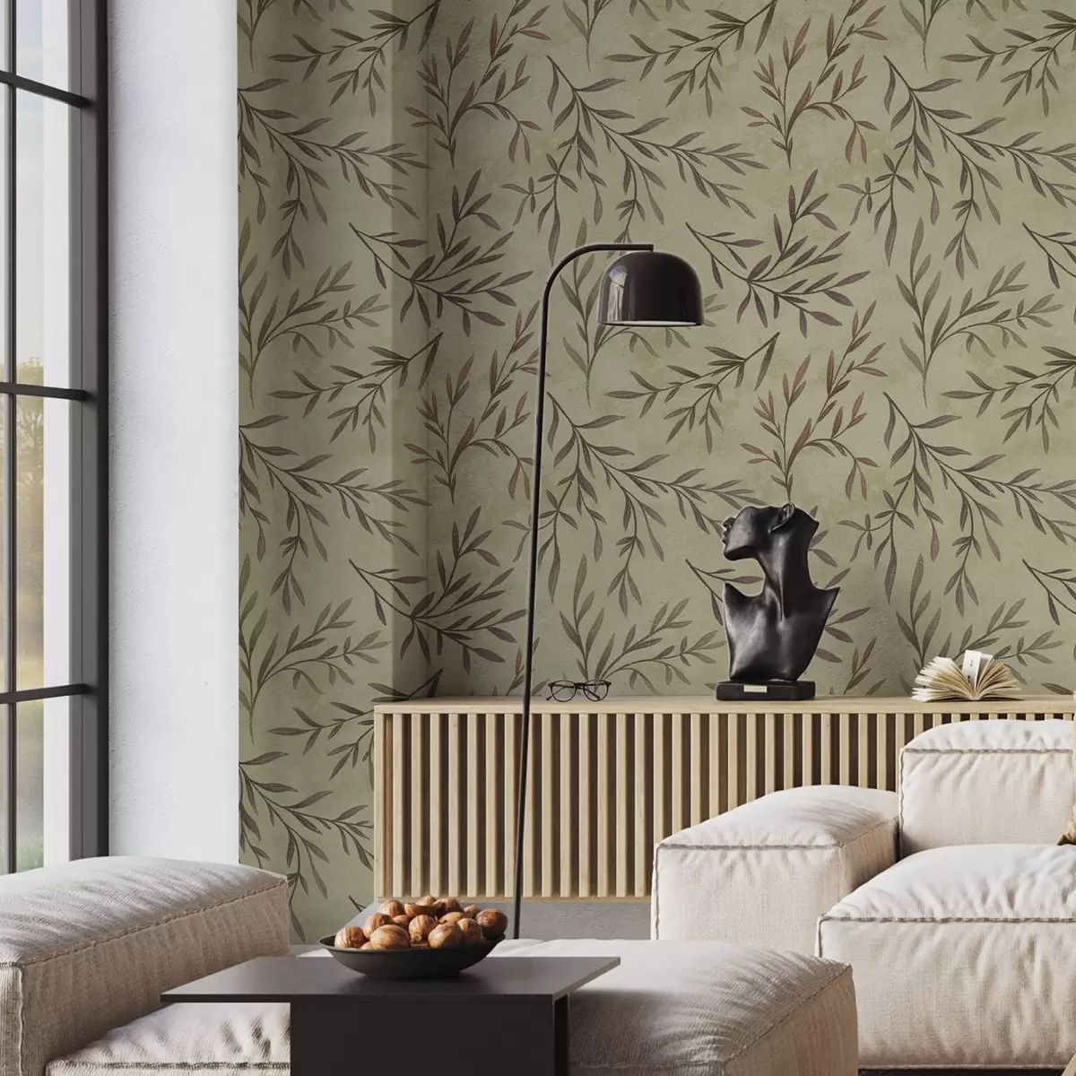 Behang Lila en groene takken met bladeren op een warme achtergrond a00936v4