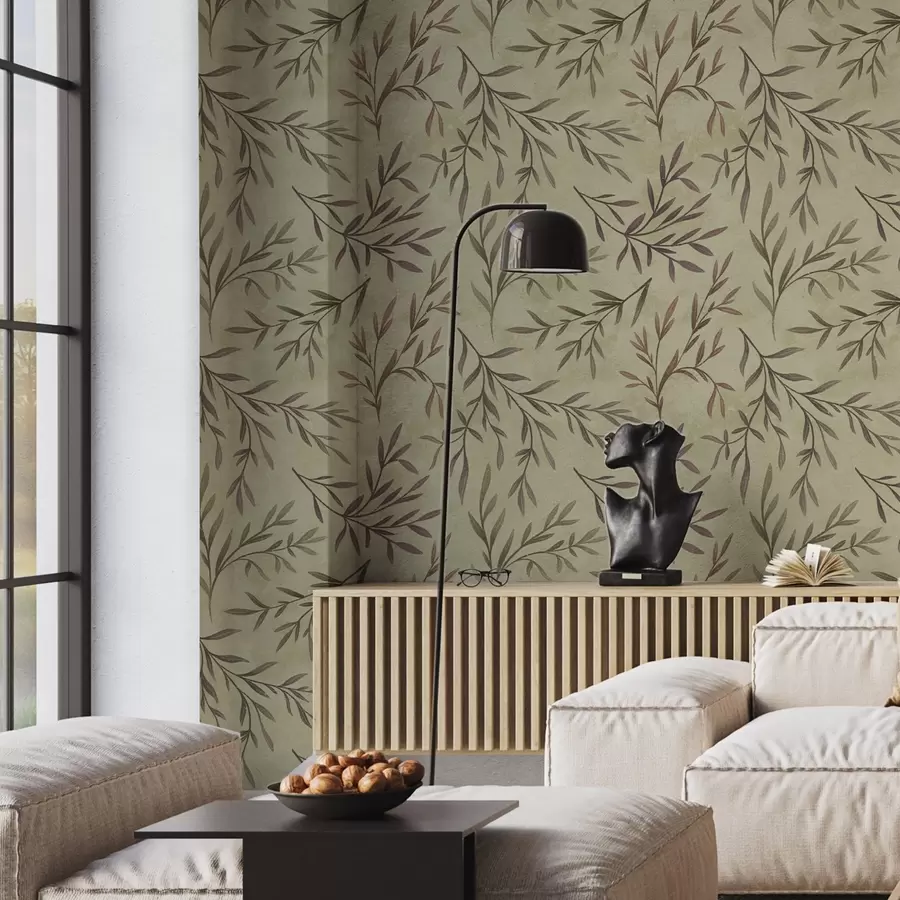 Papier peint photo Branches de lilas et de verdure avec des feuilles sur un fond chaud a00936v4