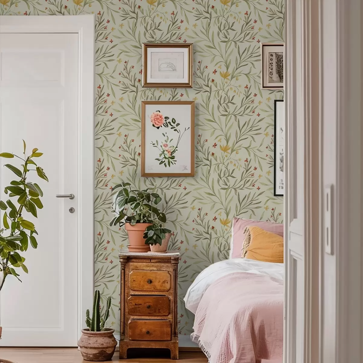 Papier peint Fleurs jaunes et rouges sur fond vert clair a00937