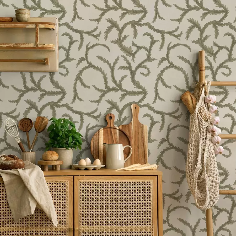 Papier peint photo Boucles de conifères verts tendres sur fond clair a00938