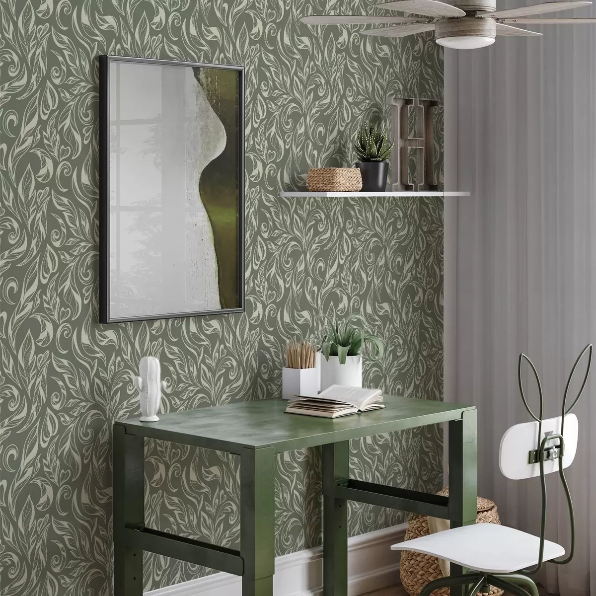 Behang Crèmekleurig bladornament op een groengrijze achtergrond a00940v2