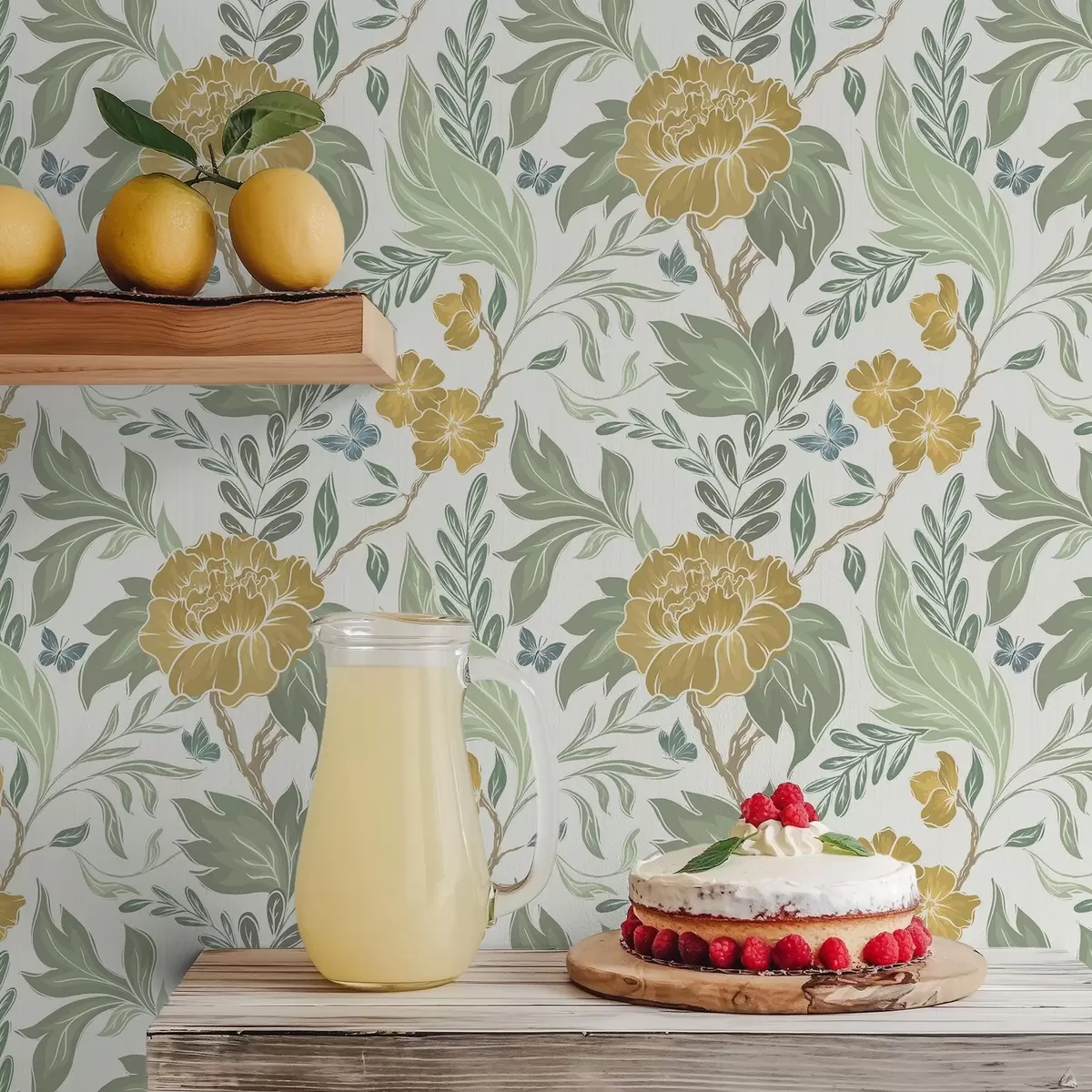 Behang Grote gele pioenrozen en groen op een lichte achtergrond a00941