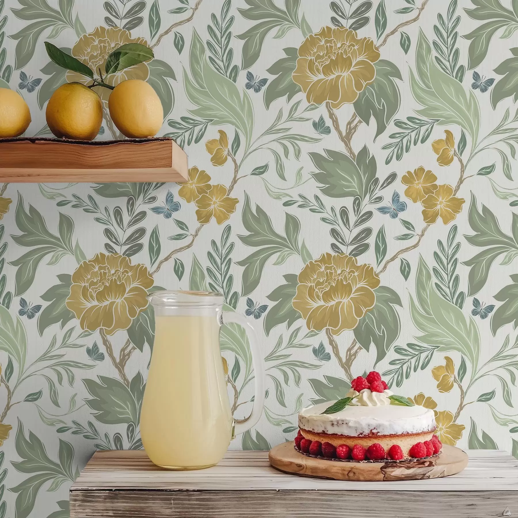 Fotobehang Grote gele pioenrozen en groen op een lichte achtergrond a00941