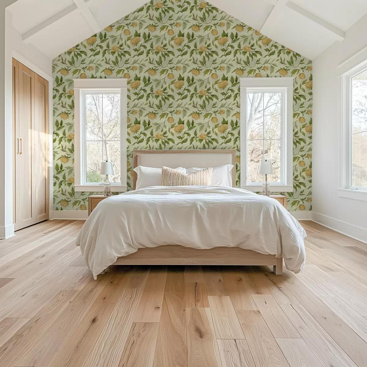 Papier peint Pivoines jaunes et feuillage sur fond vert clair doux a00942