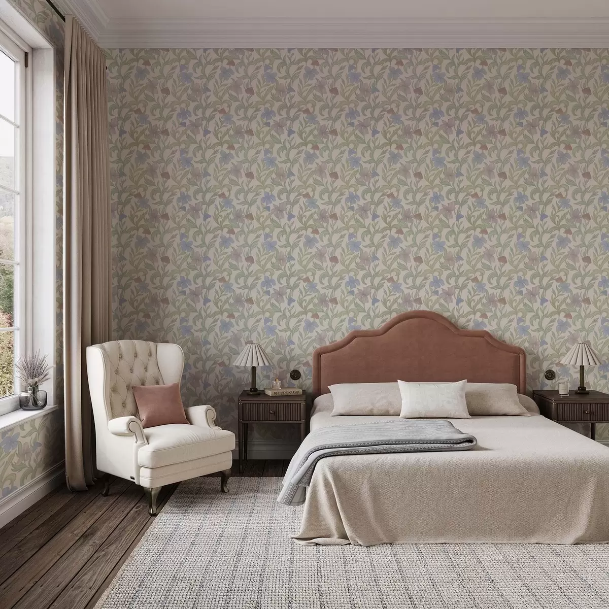 Papier peint Fleurs pastel et papillons sur fond crème a00944