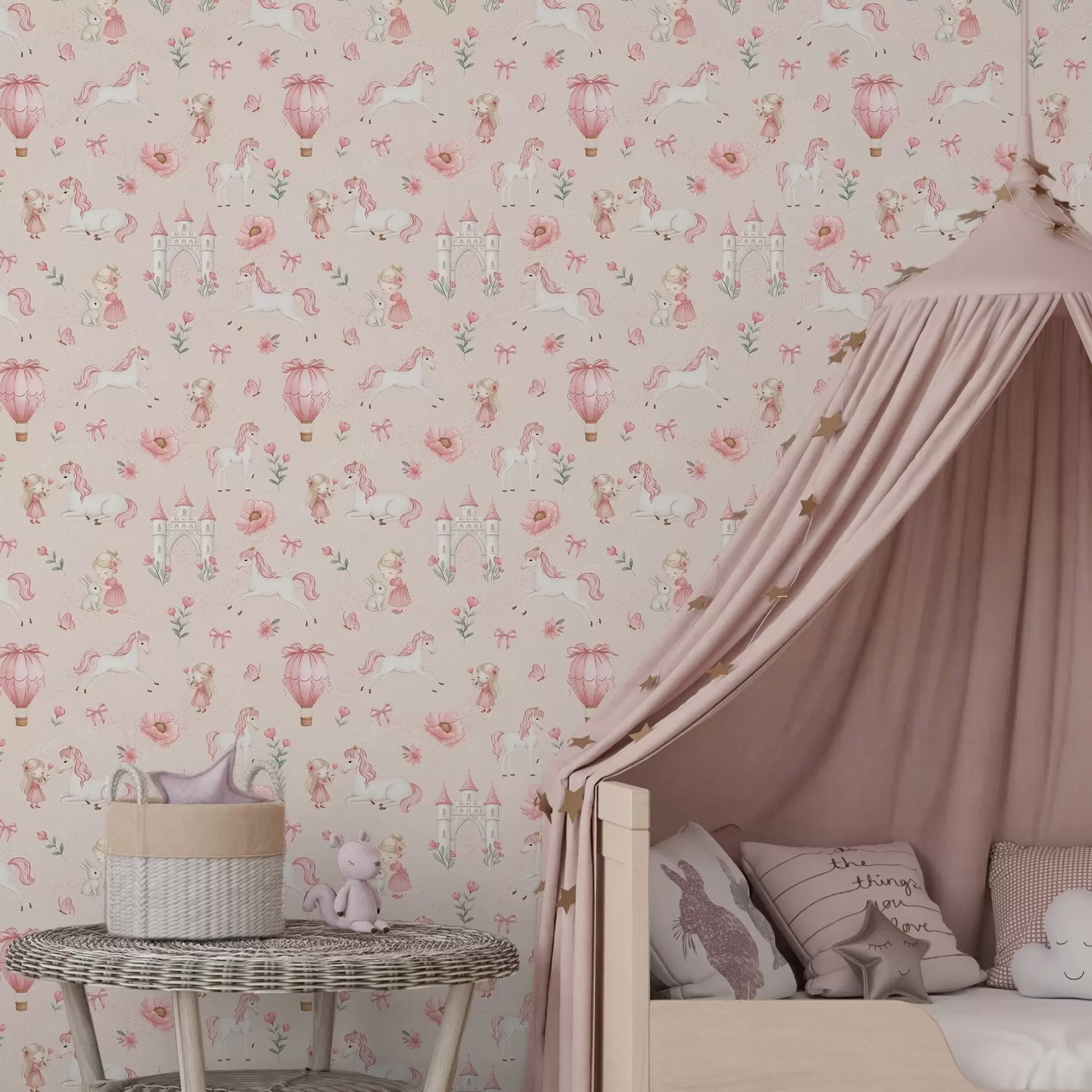 Papier peint photo Licornes roses, petites filles et château sur un fond doux a00957