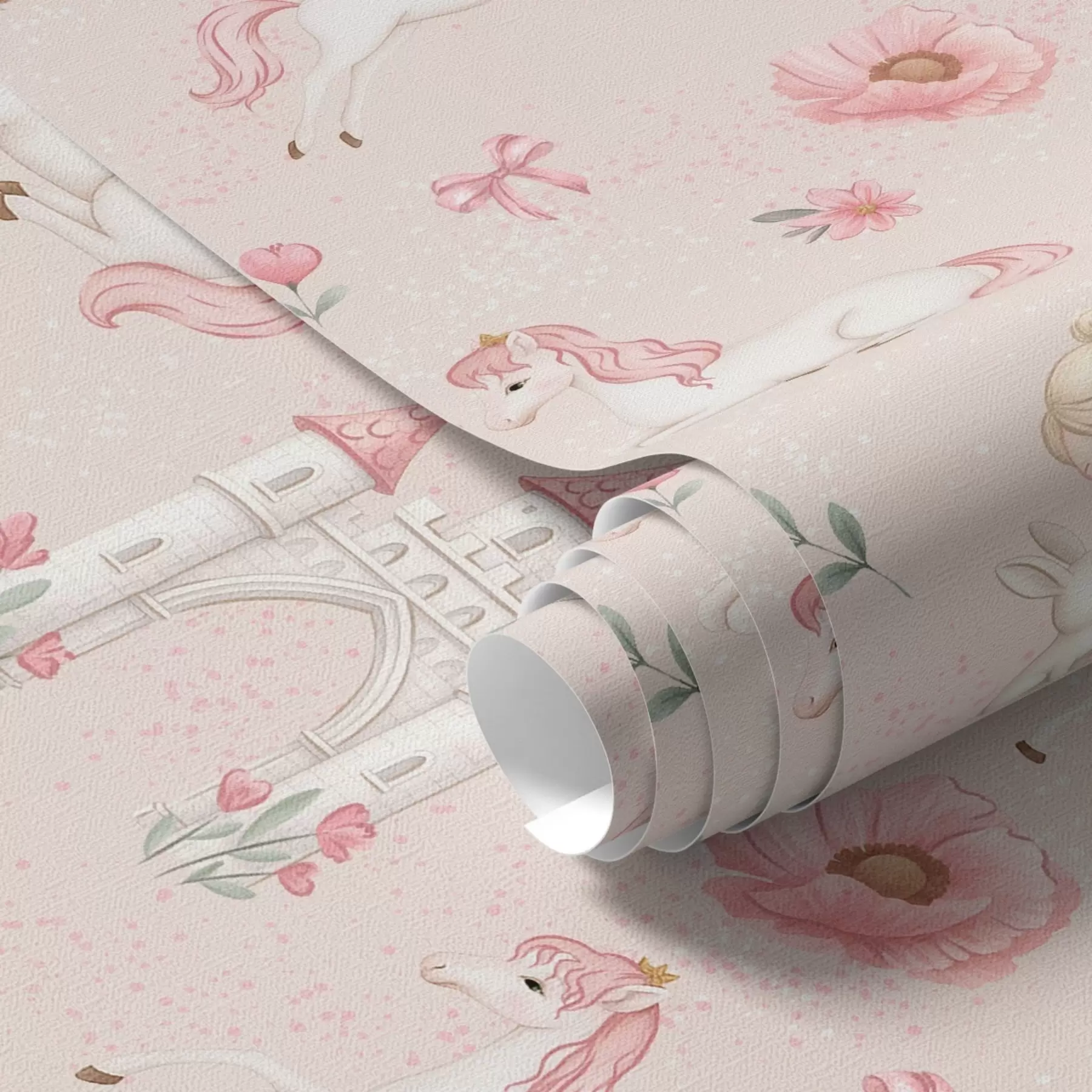 Papier peint photo Licornes roses, petites filles et château sur un fond doux a00957