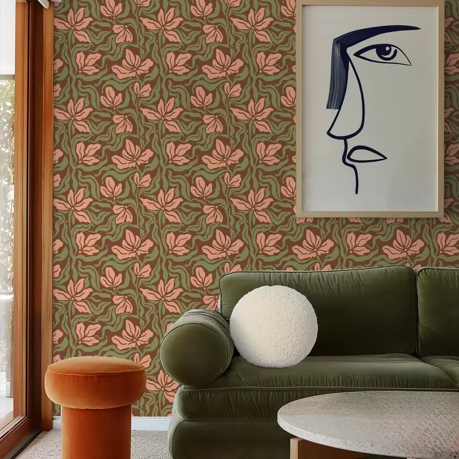 Papier peint photo Fleurs de pêcher et verdure sur fond brun foncé a00958v2