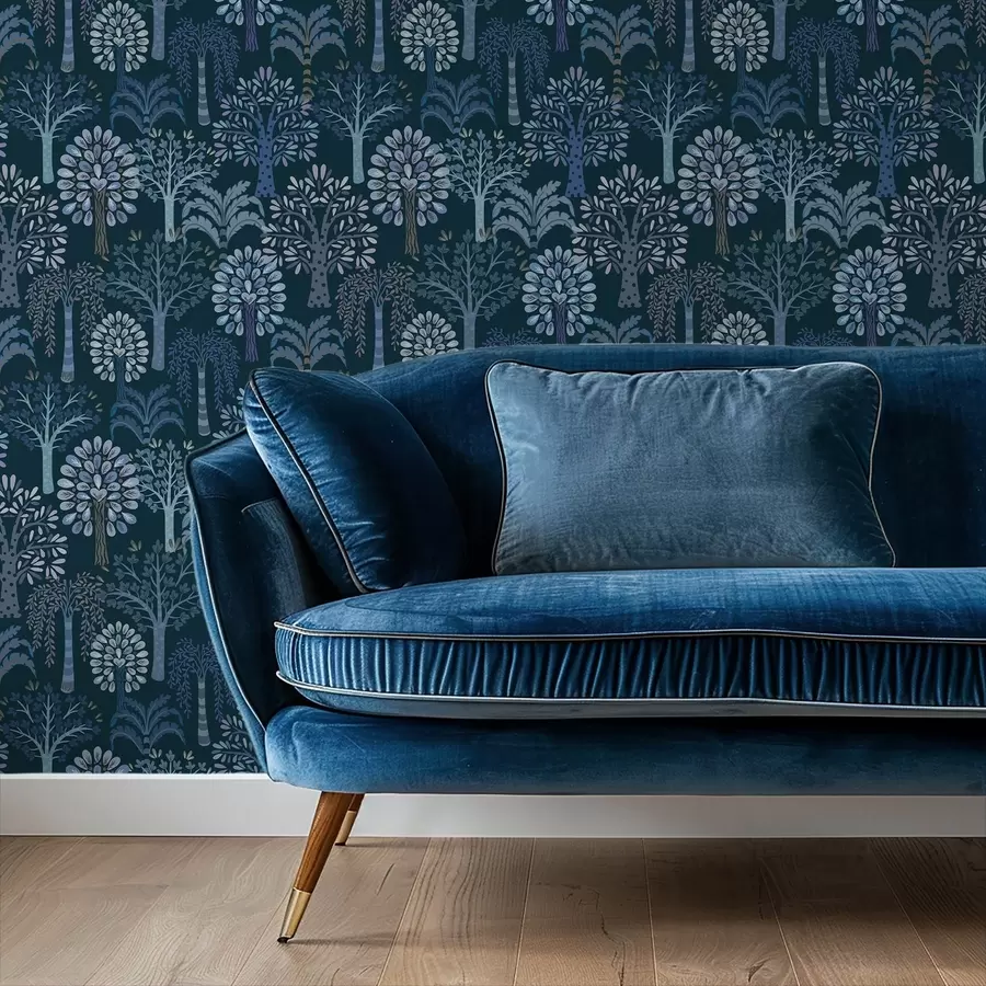 Fotobehang Nachtelijk bos met decoratieve bomen in blauwe tinten a00960v2