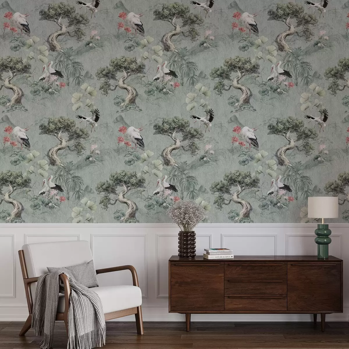 Papier peint Grues parmi les pins et les lotus sur un fond vert apaisant a00962