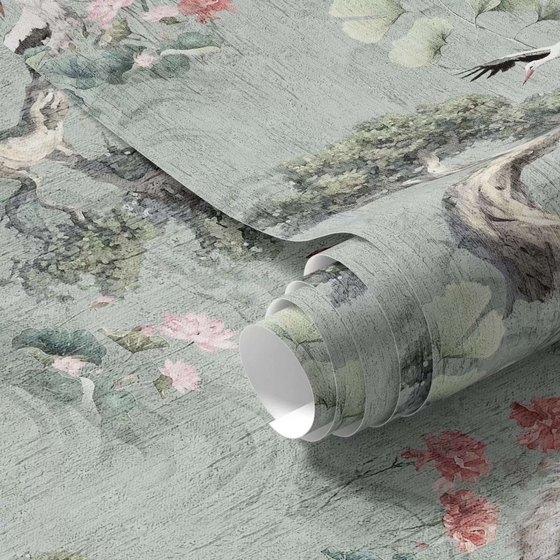 Papier peint photo Grues parmi les pins et les lotus sur un fond vert apaisant a00962