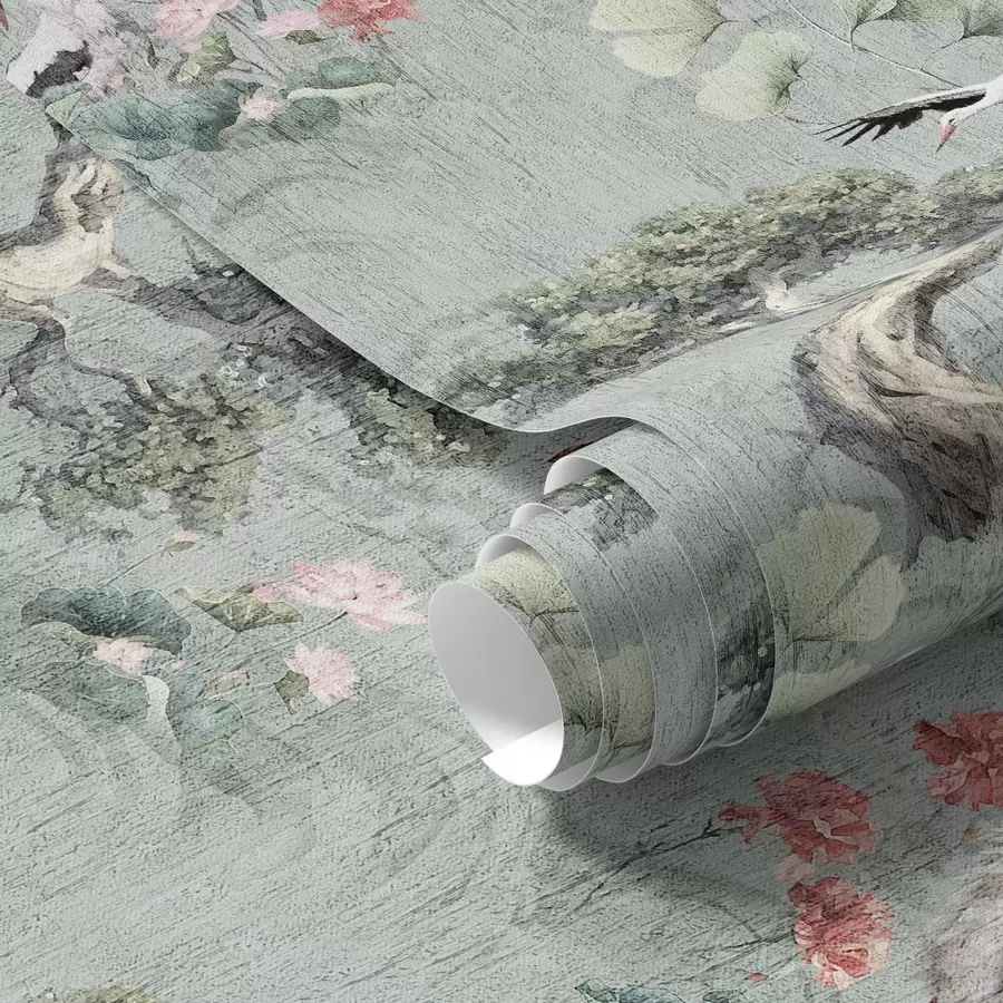 Papier peint photo Grues parmi les pins et les lotus sur un fond vert apaisant a00962