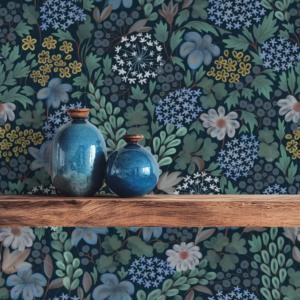 Behang Nachtelijke tuin met blauwe lelies, bessen en wilde groene planten a00996