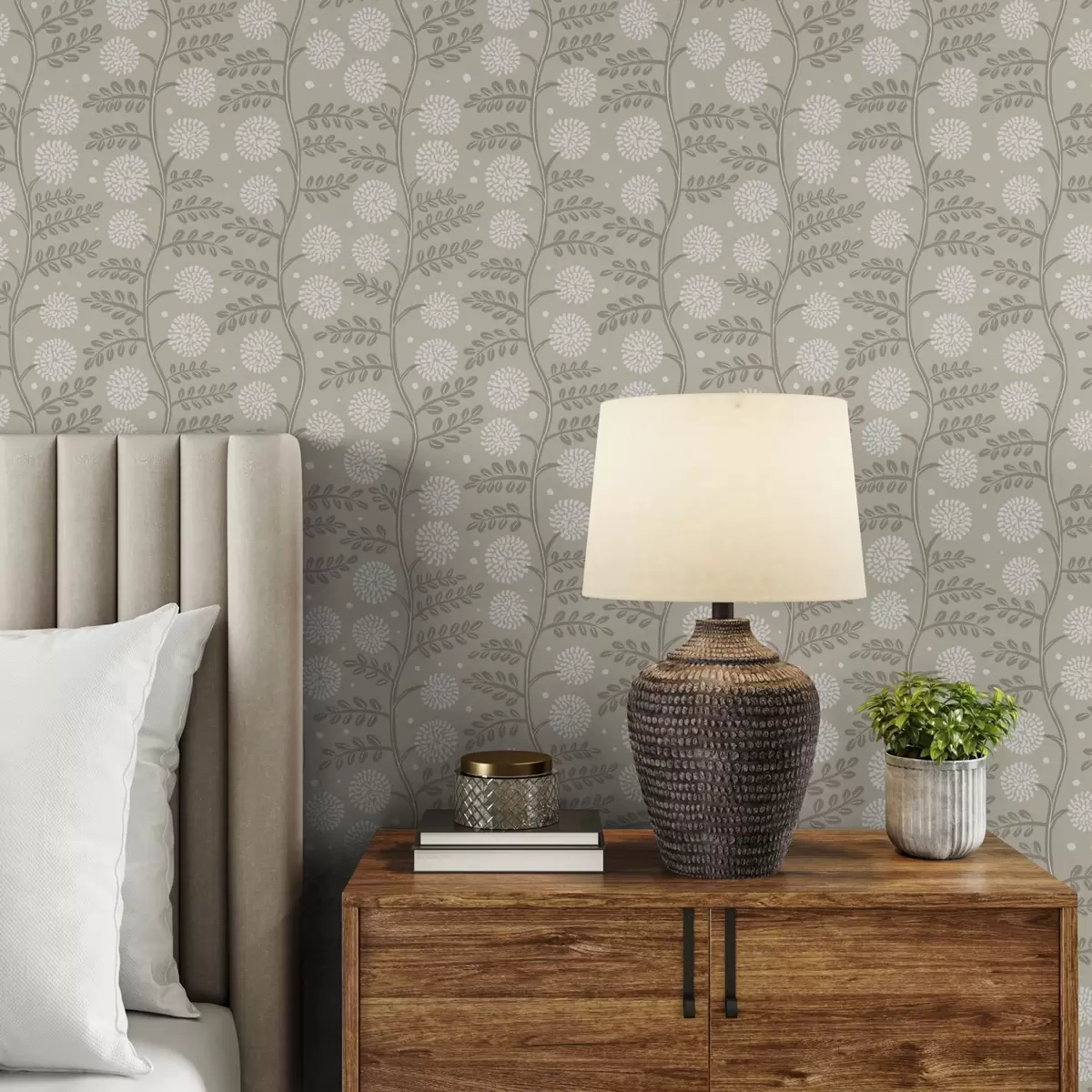 Papier peint Tiges beiges avec des fleurs blanches duveteuses et des points doux a00997