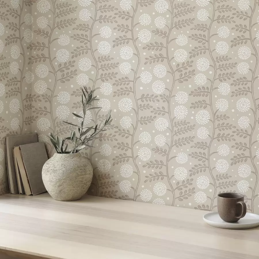 Papier peint photo Tiges beiges avec des fleurs blanches duveteuses et des points doux a00997