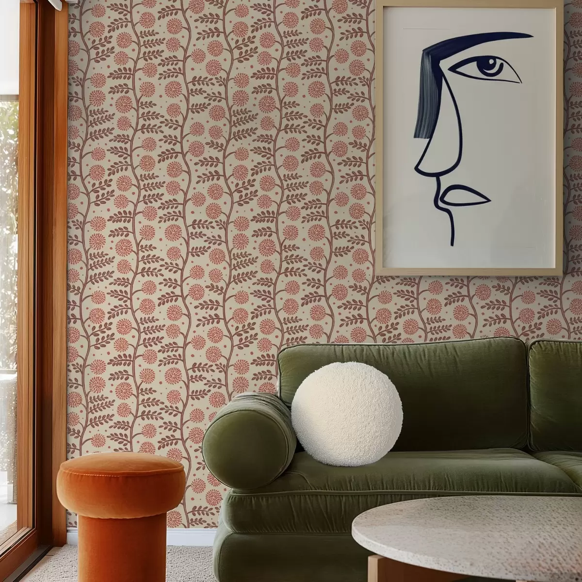 Behang Terracotta stelen met koraalkleurige pluizige bloemen op een crèmekleurige achtergrond a00997v1